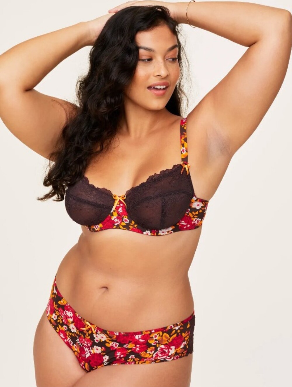 Adore Me Caen Floral Lace Bra Set - Red and Yellow, White,Brown